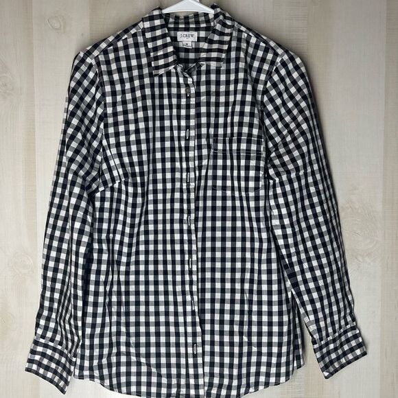 J. Crew black and‎ white checked bottom down blouse top, size medium - Picture 1 of 16